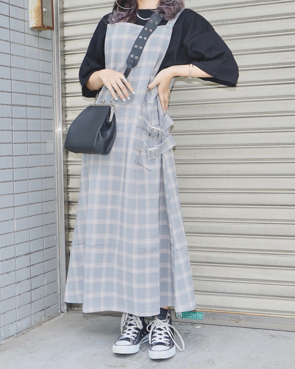 Belted Design Check Salopette Skirt