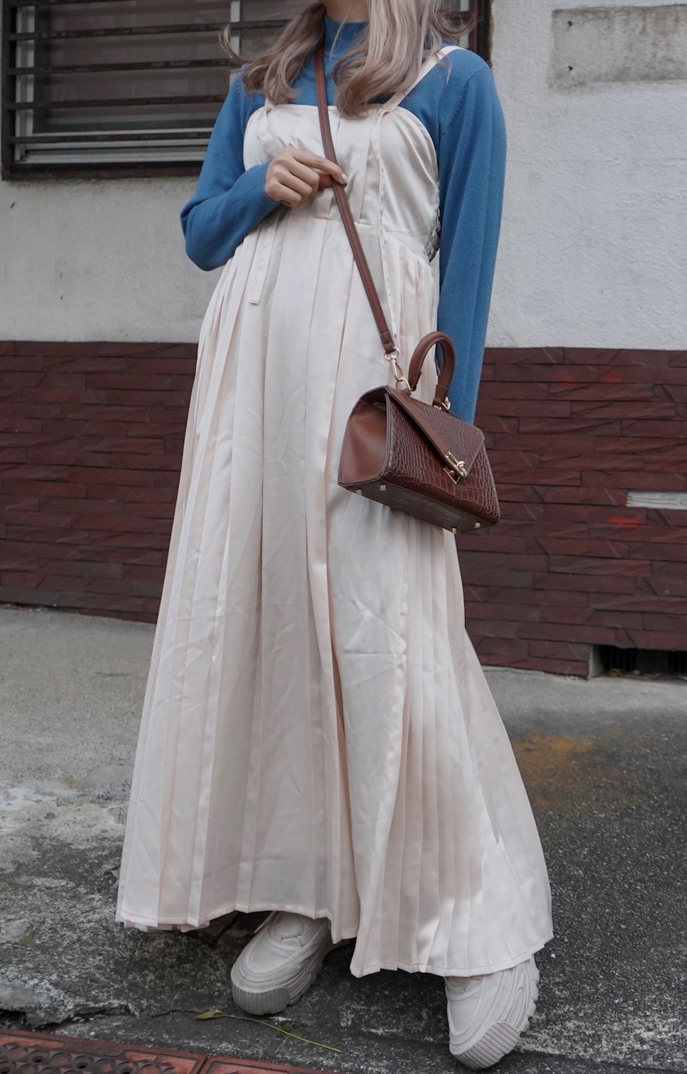 Pleats Satin Cami-Onepiece (cream)