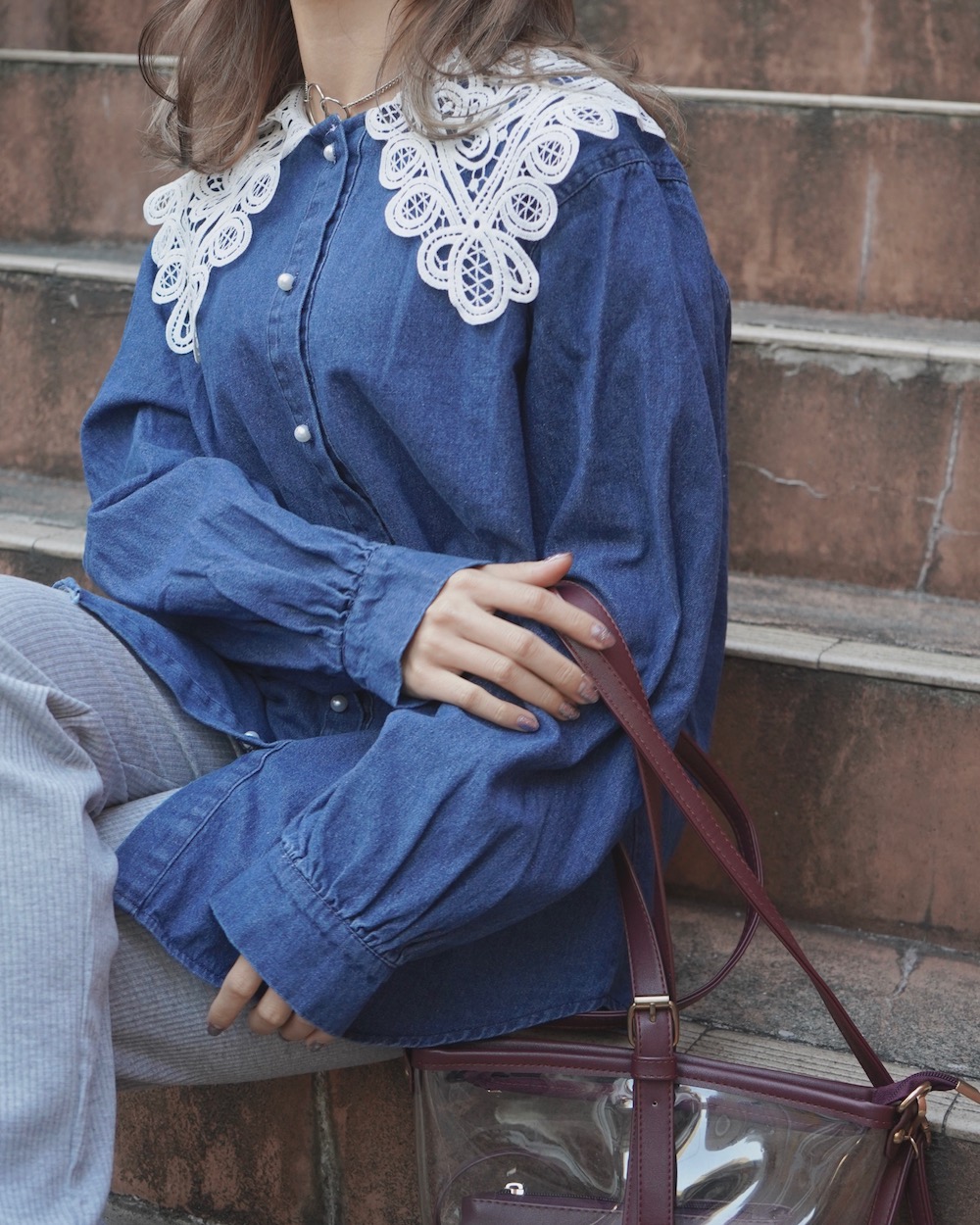 Big Lace Collar Denim Blouse