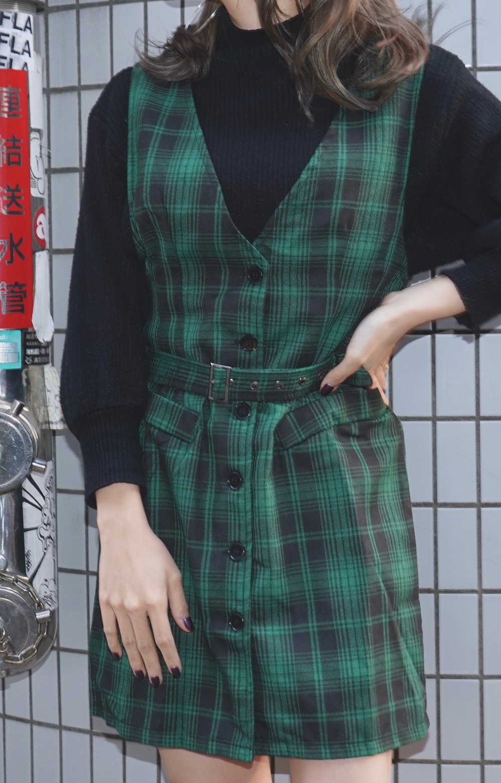 No-Sleeve Check Mini Onepiece (green)