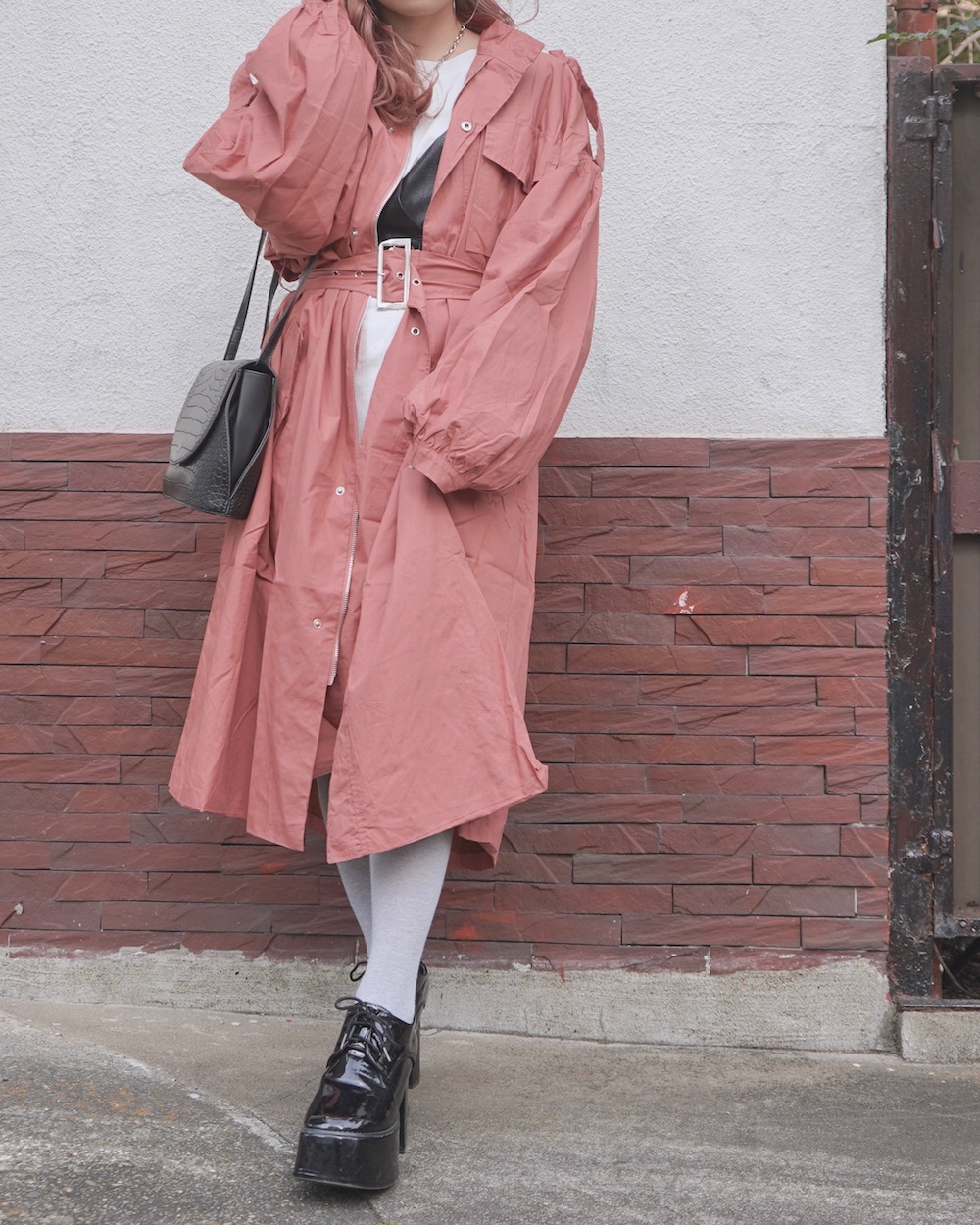 Balloon Sleeve Military Long Jacket Coat (pink)*with Belt