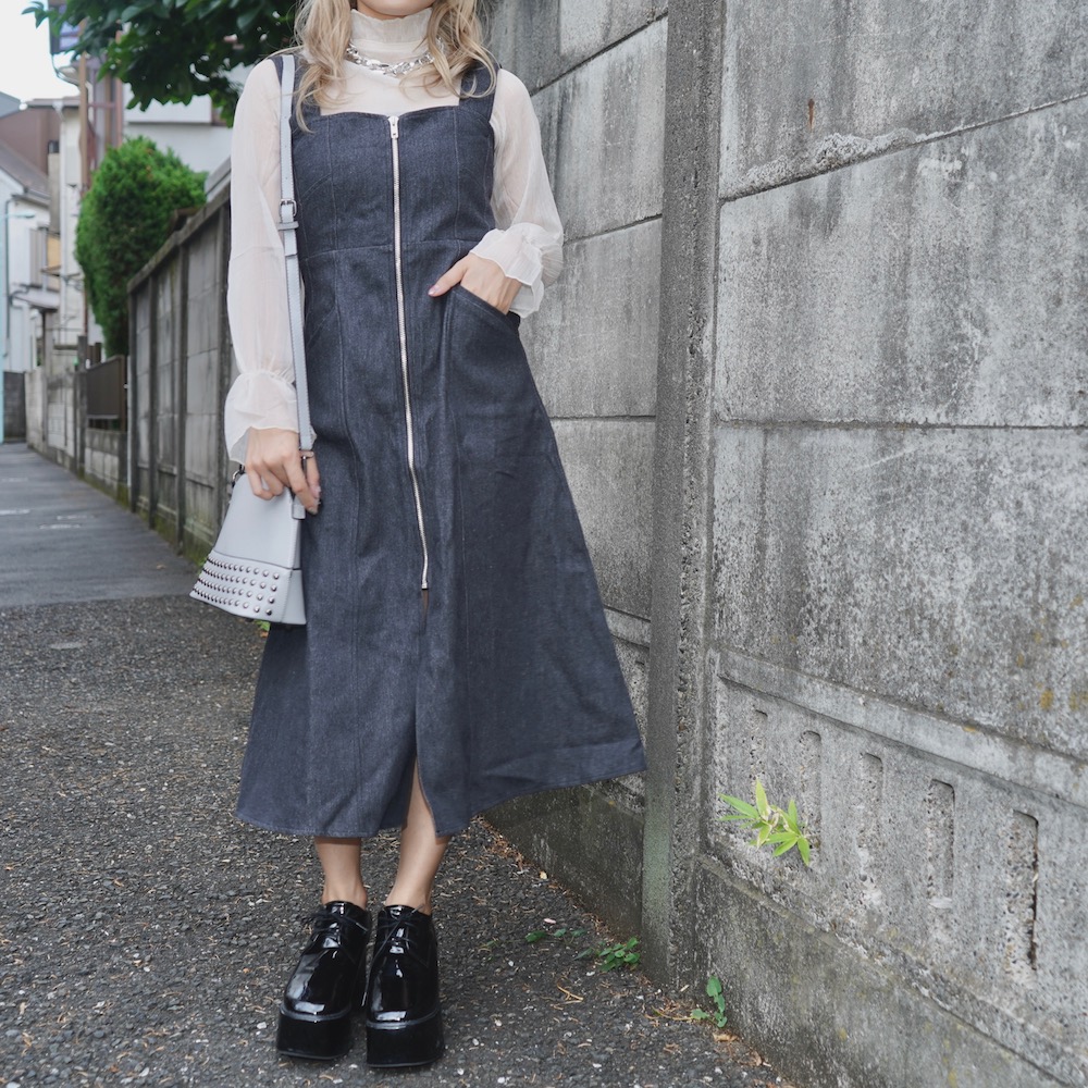 Front Zip Black Denim Cami-Onepiece