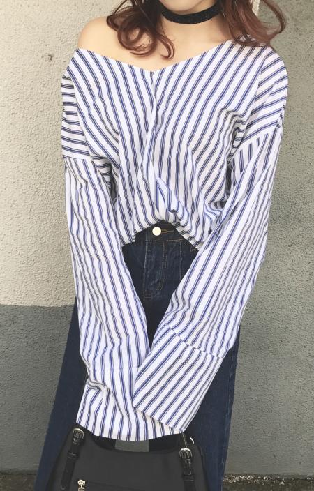 ベルスリーブ ストライプトップス(BLU)