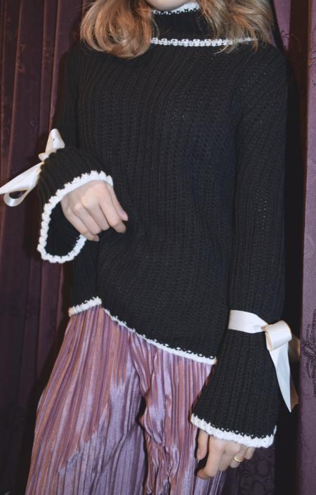 リボンベルスリーブ ハイネックニットPO(BLK)