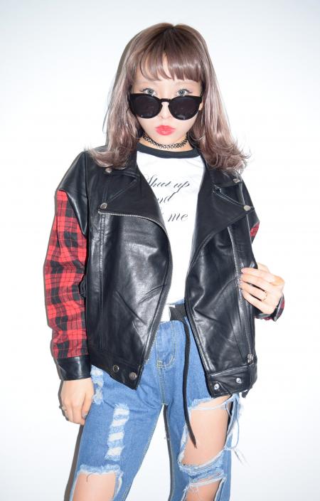 (全2色)チェックアームライダースジャケット