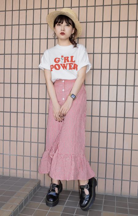 Irregular Hem-Frill Check Skirt (RED)