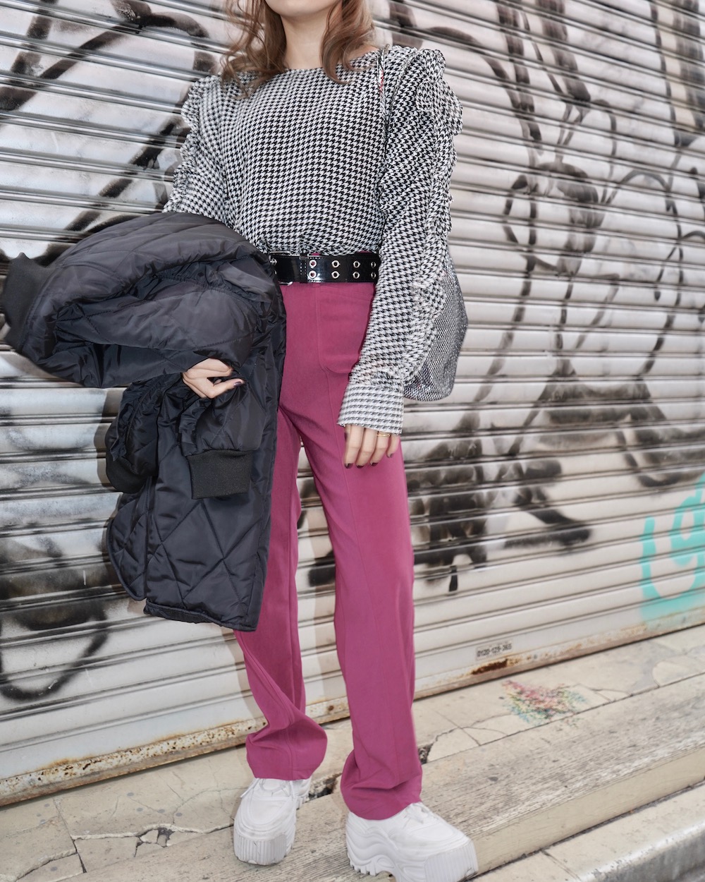 Houndstooth Frill Sleeve Top