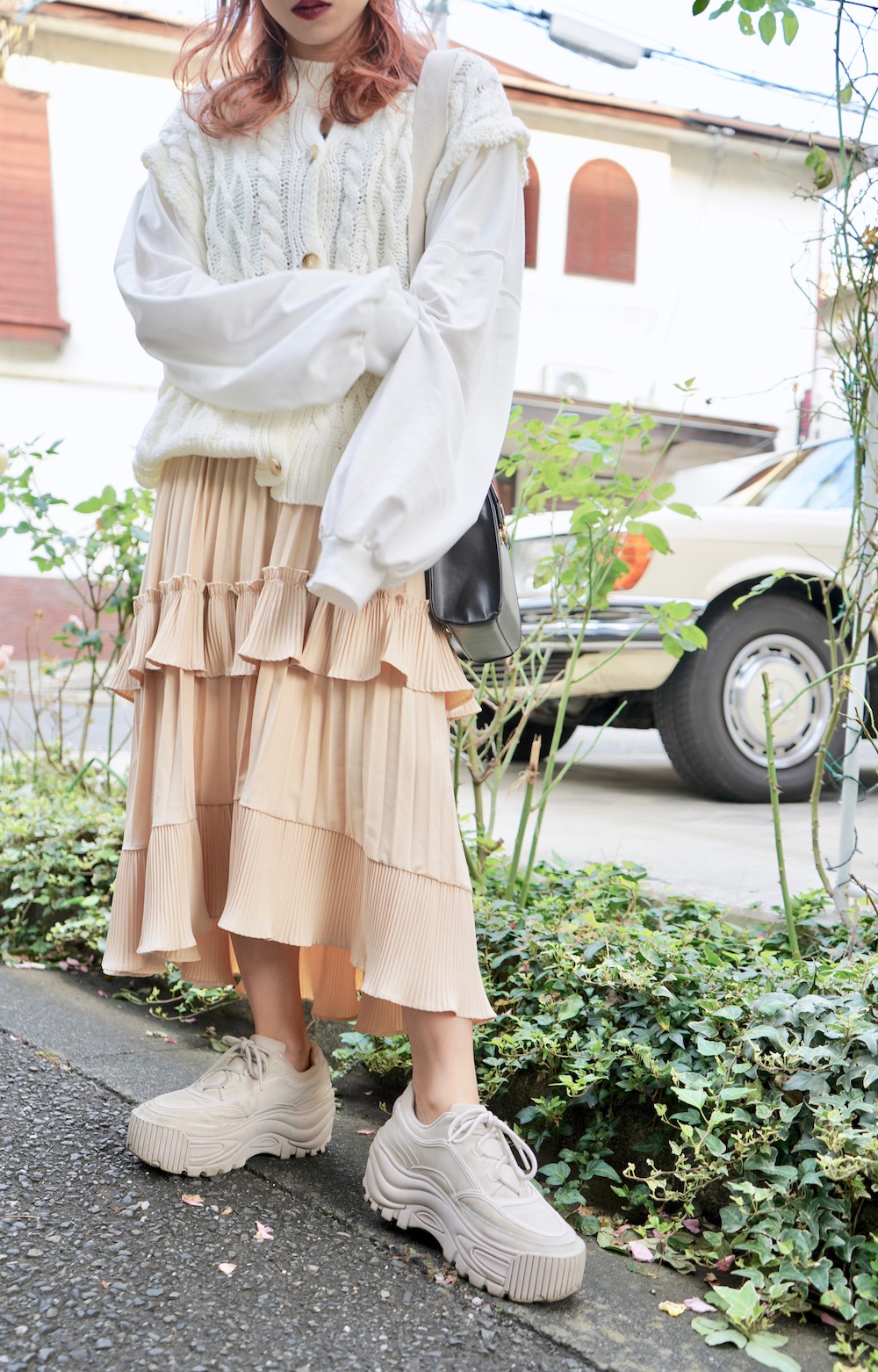 Irregular Tiered Frill Long Skirt (cream beige)