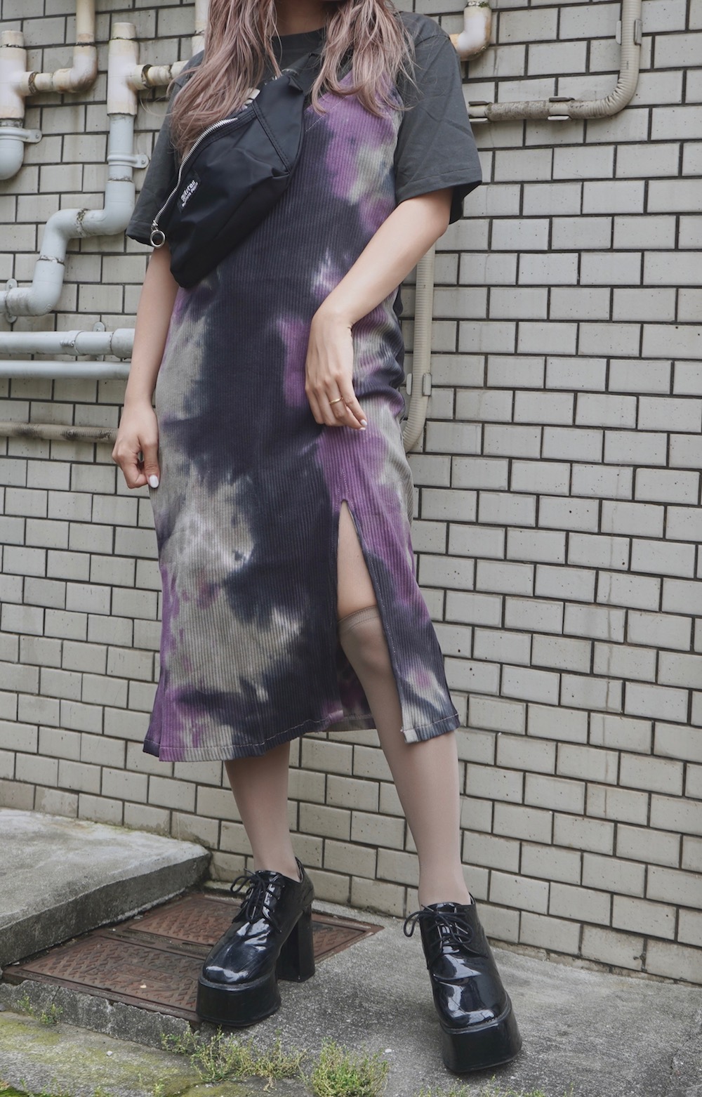 Tie-dye Slit Cami-Onepiece (purple-black)