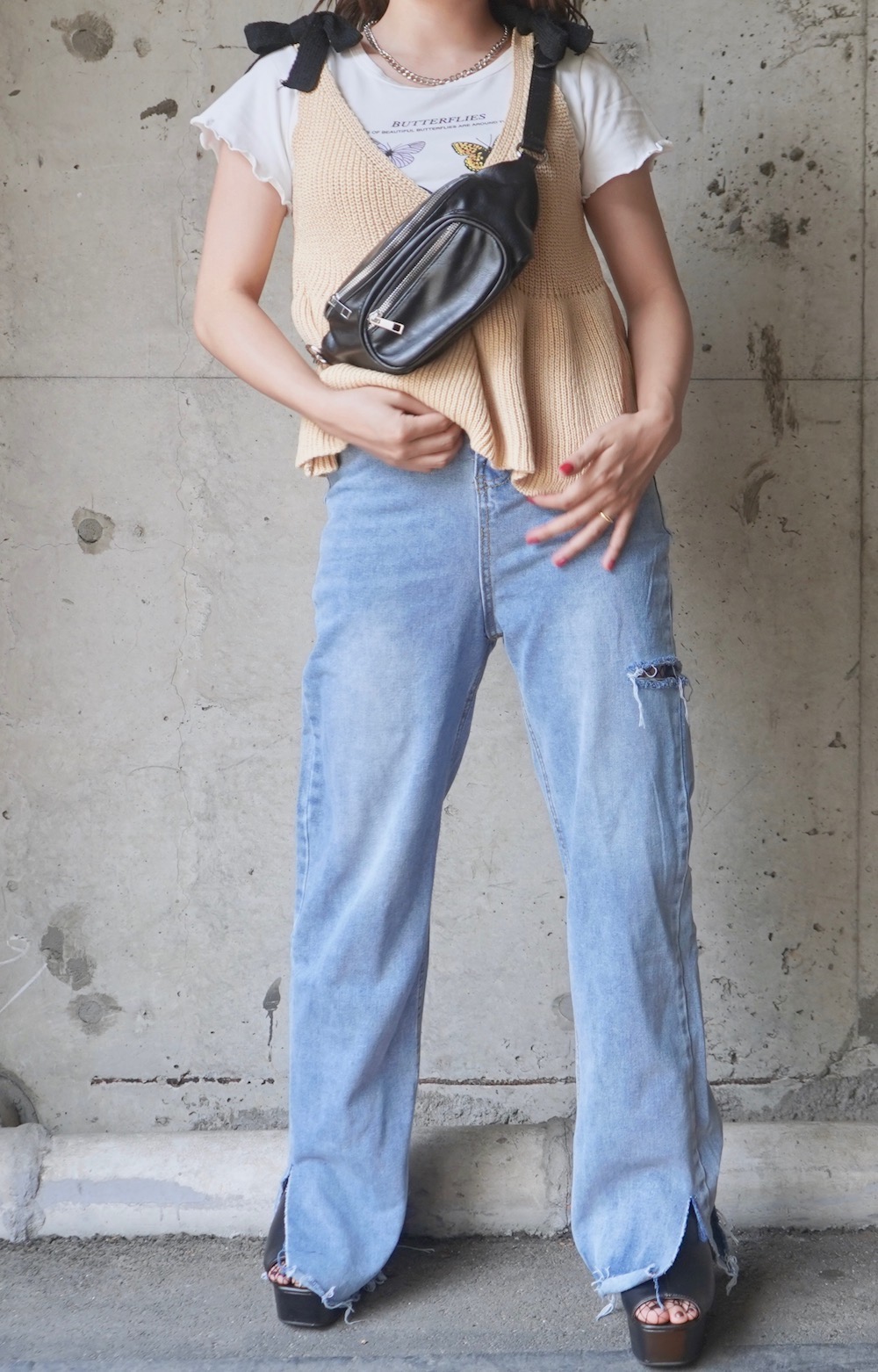 Silver Chain Leather Touch Waist Bag (black)