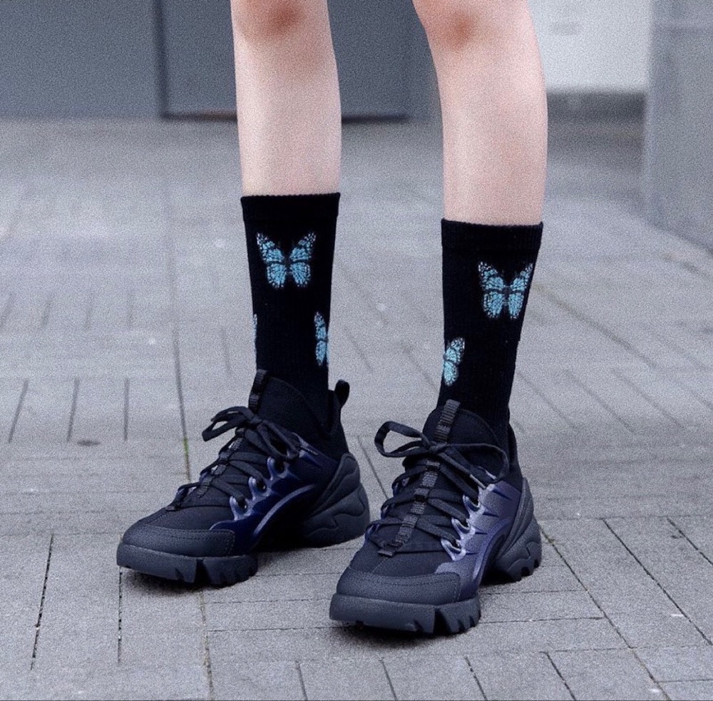 Blue Butterfly Rib Socks (black)