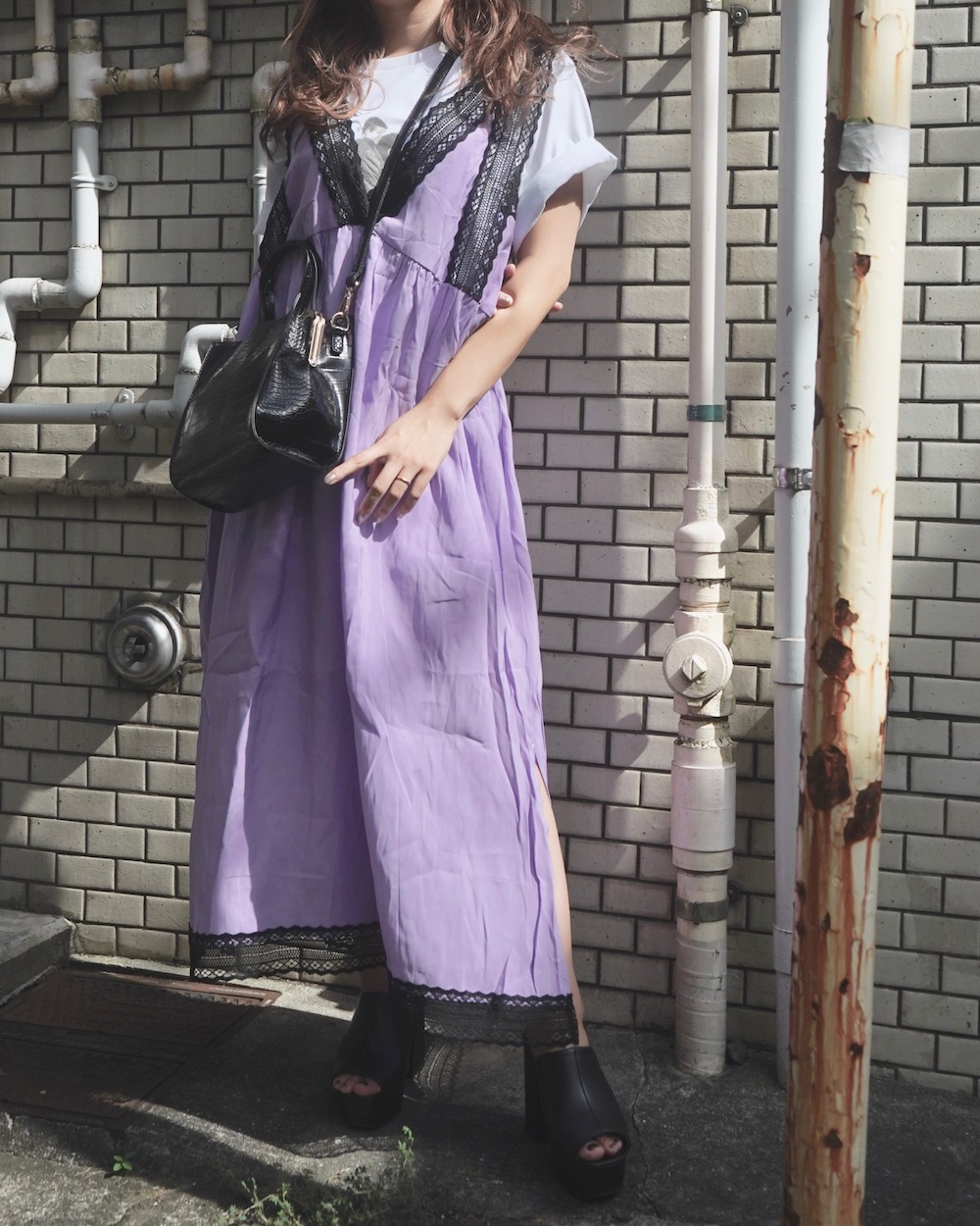 Lace Trim Flare Long Jumper Skirt (light purple)