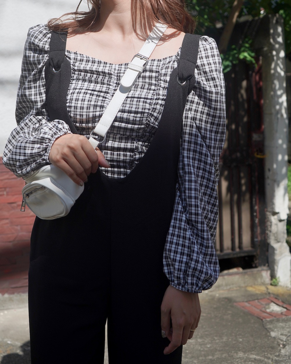 Monotone Check Shirring Puff Tops