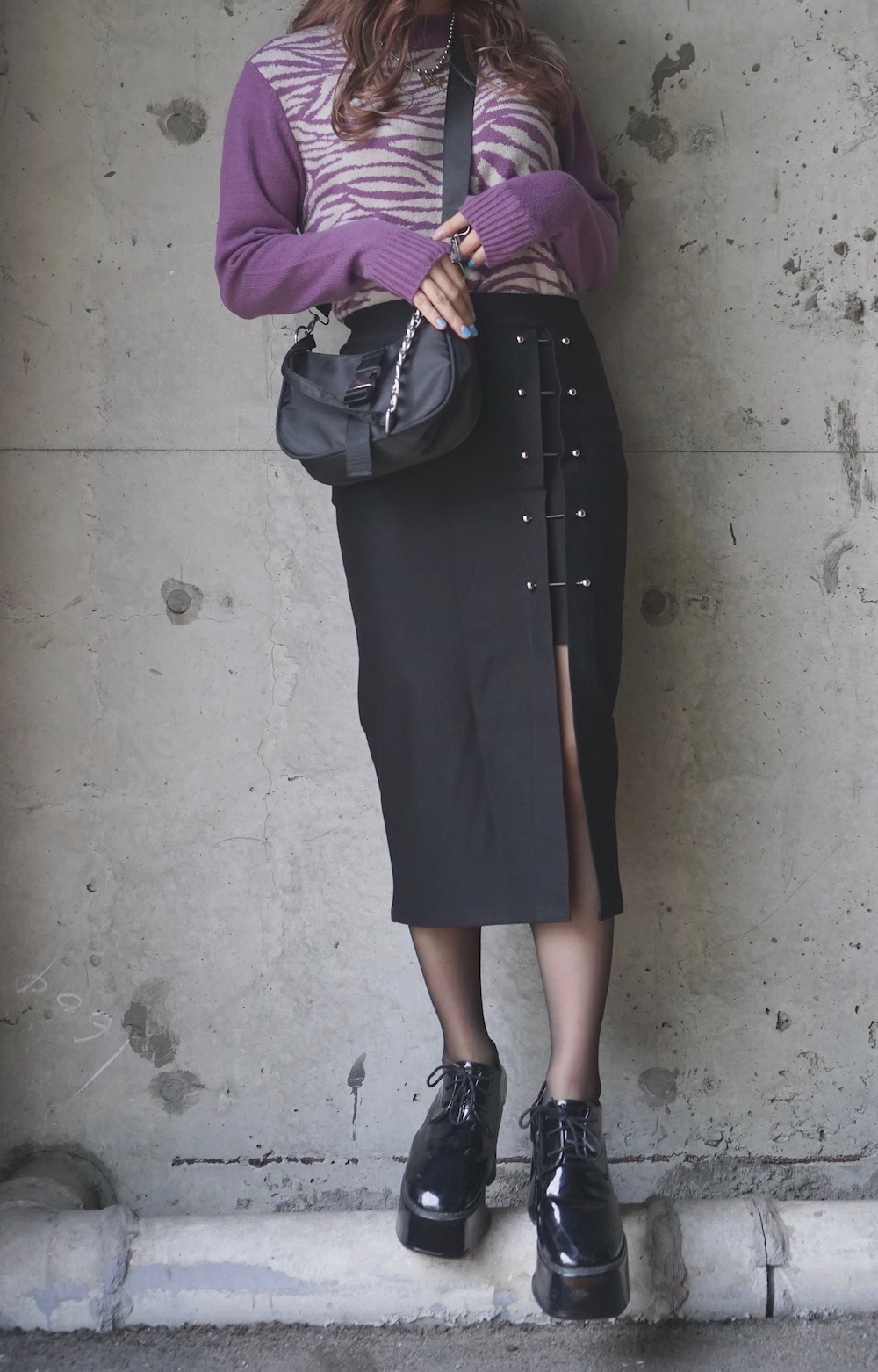 Zebra Pattern Mock Neck Knit Sweater (purple)