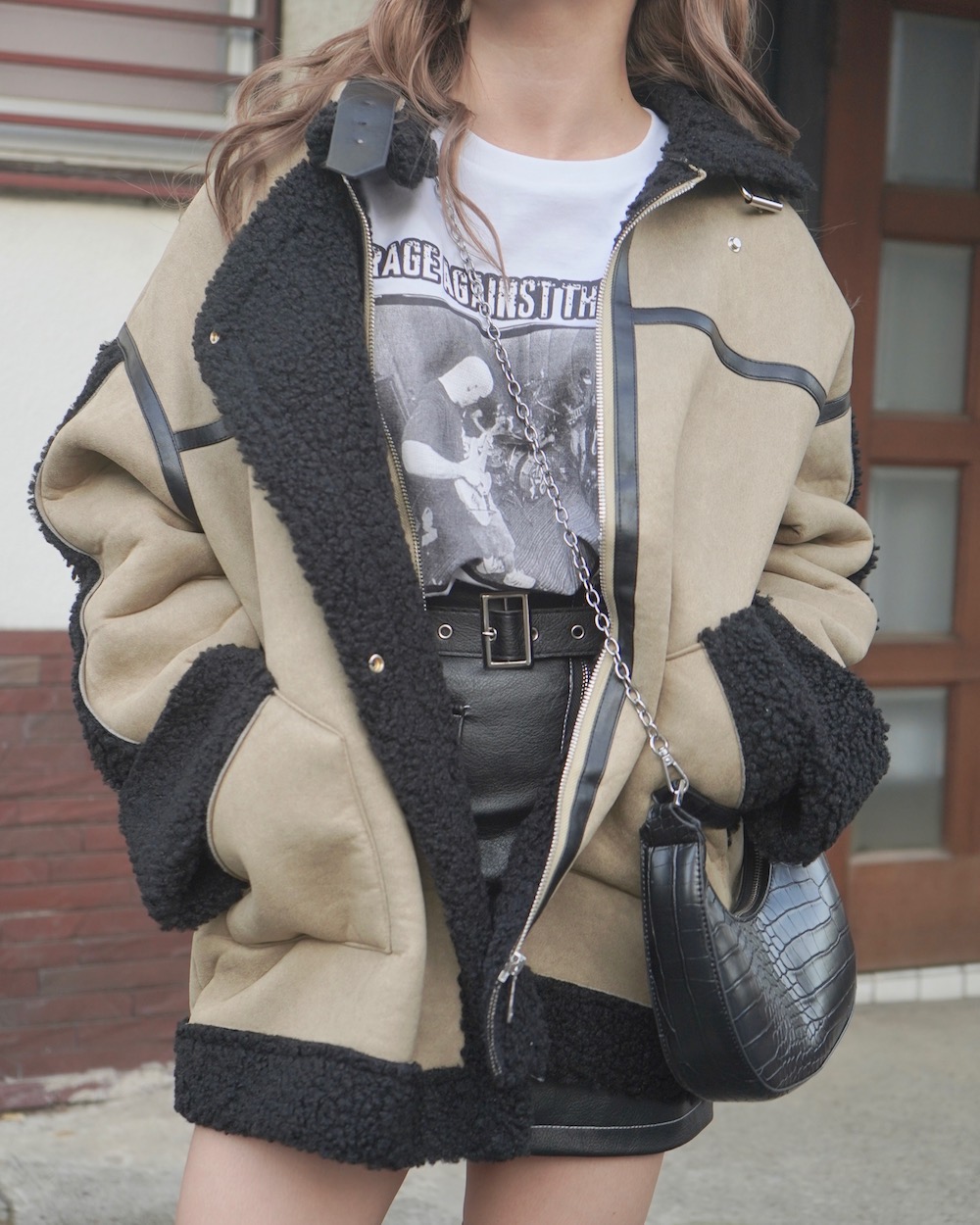 Oversized Mouton Boa B-3 Jacket (beige/black)