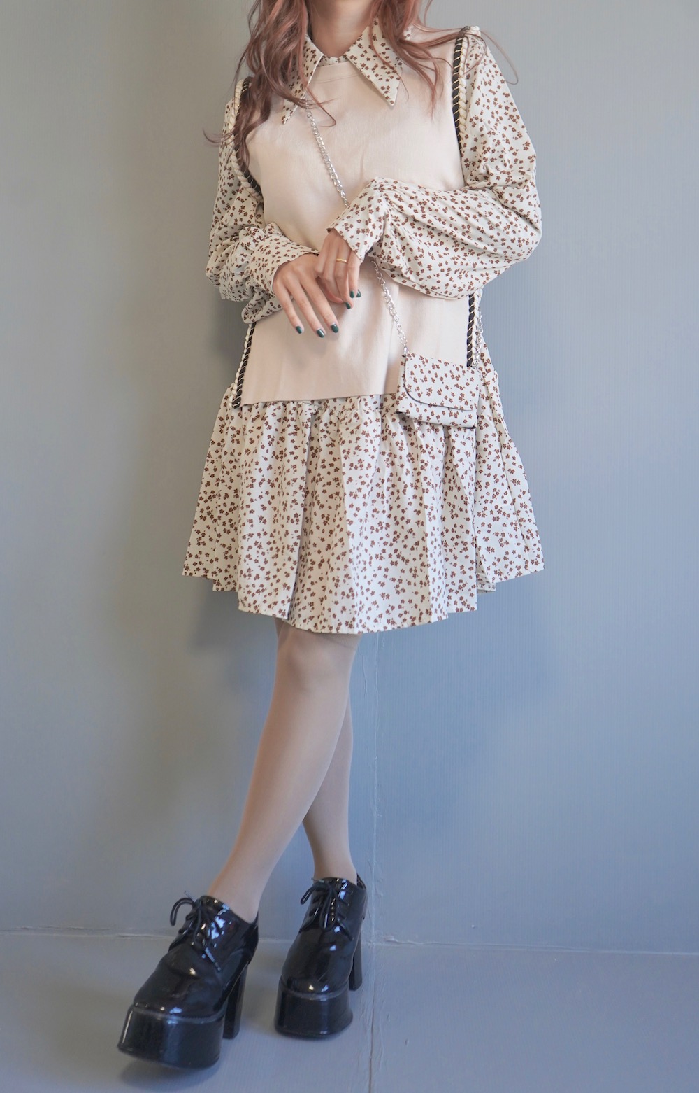 (Flower Onepiece + Vest + Mini Bag) 3P SET - Beige