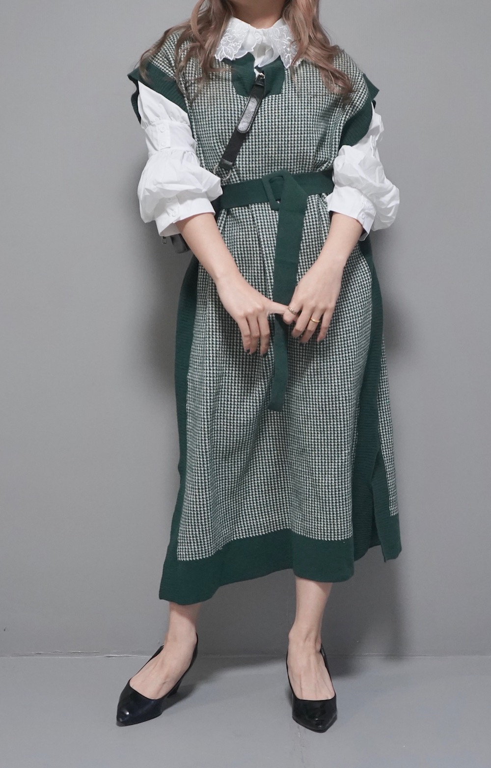 Houndstooth Long Vest Onepiece (green) *with Belt