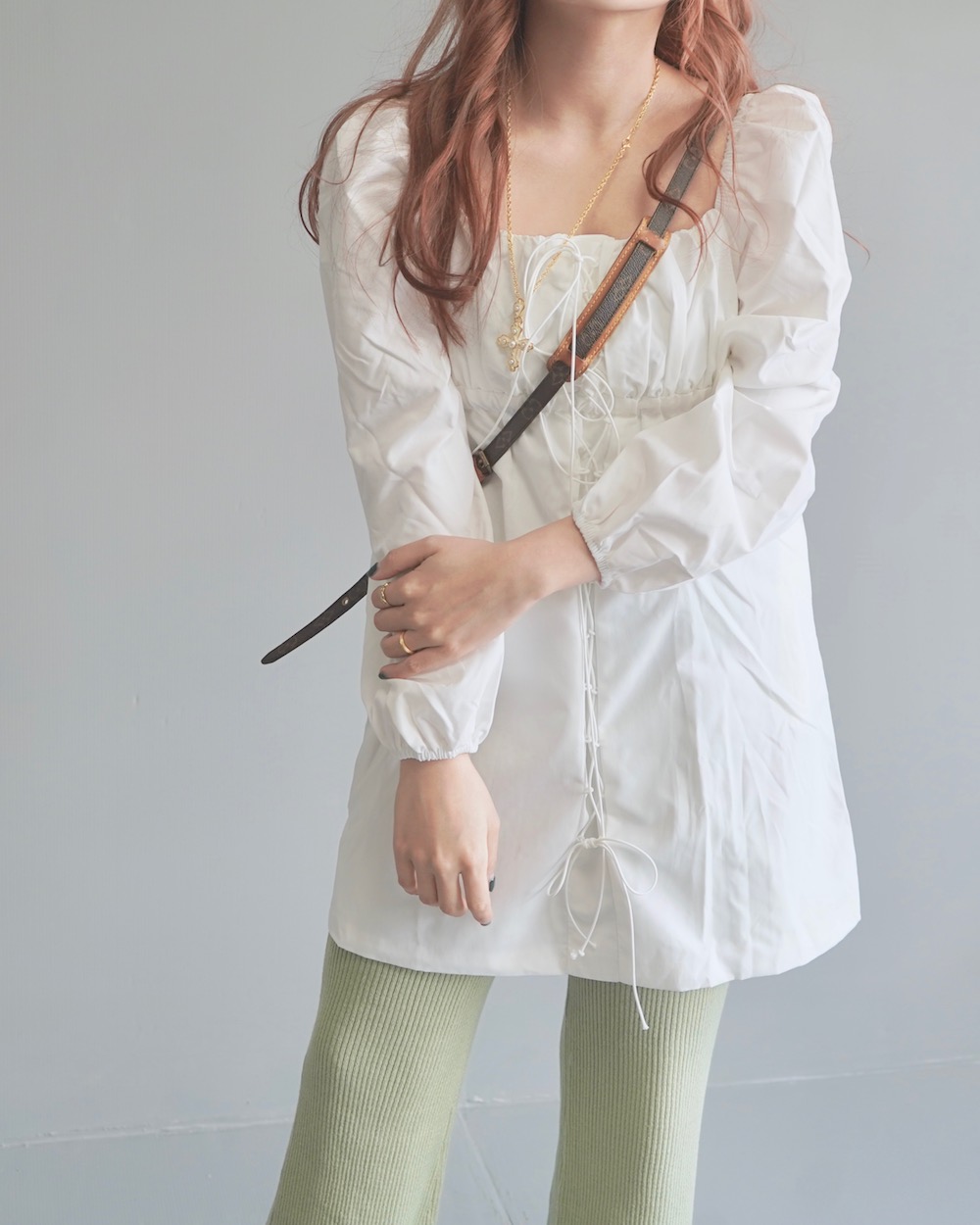 Lace-Up Puffsleeve Mini Onepiece（white）
