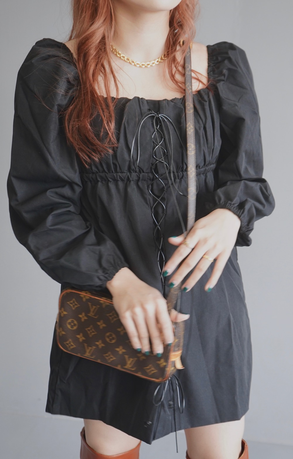 Lace-Up Puffsleeve Mini Onepiece（black）