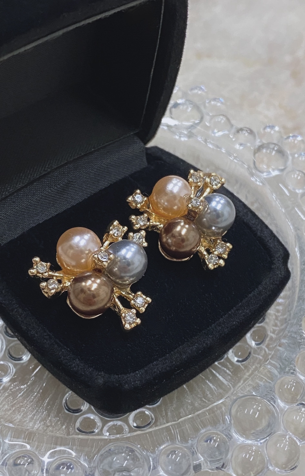 【handmade】3color pearl×rhinestone bouquet pierce