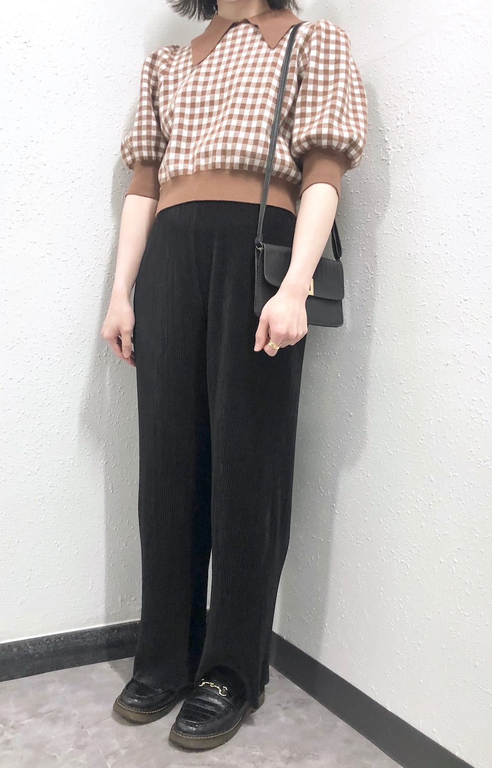Checked PuffSleeve S/S Knit Tops（brown）