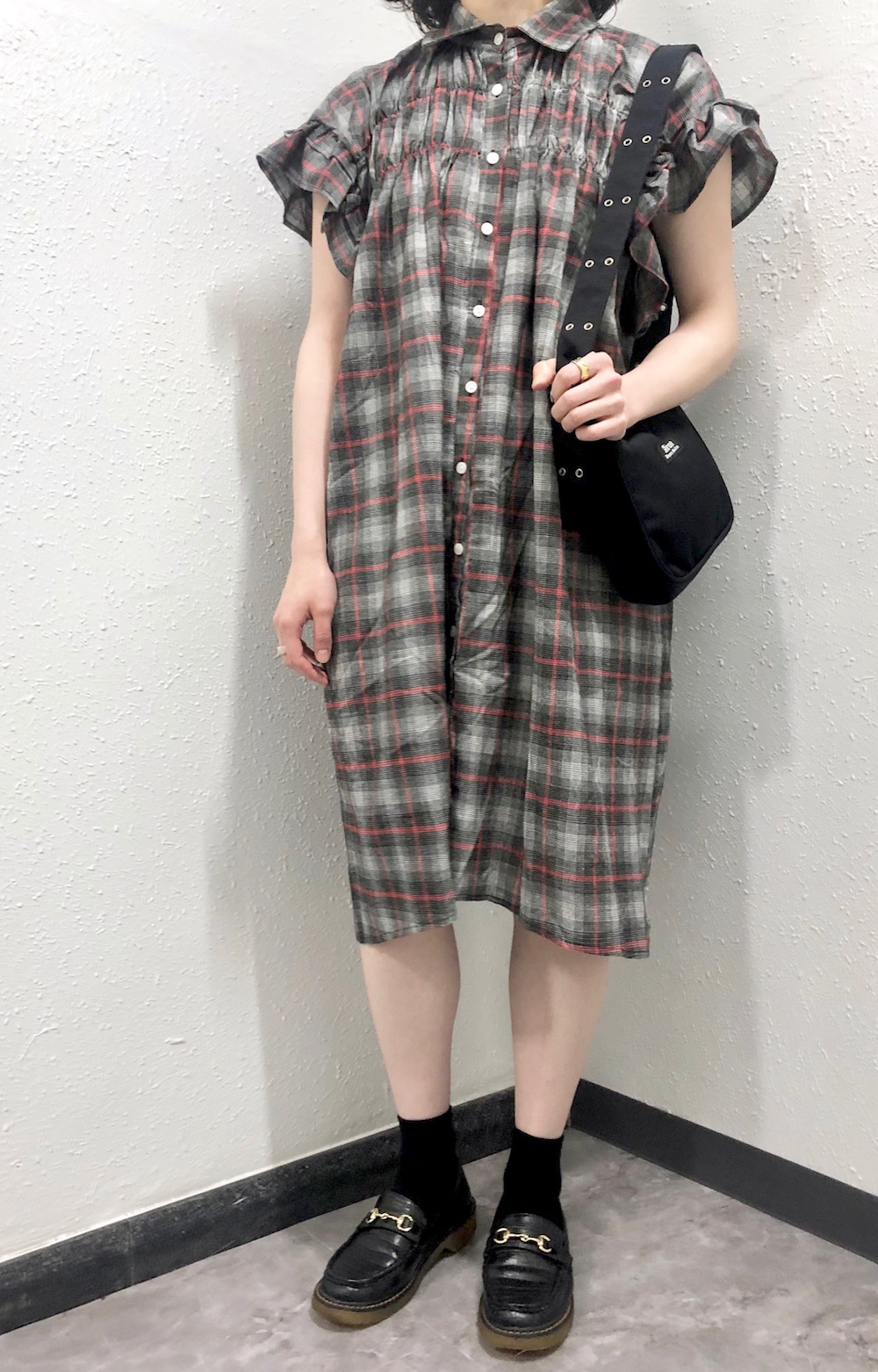 Frill Sleeve Check Shirts Onepiece（Black）