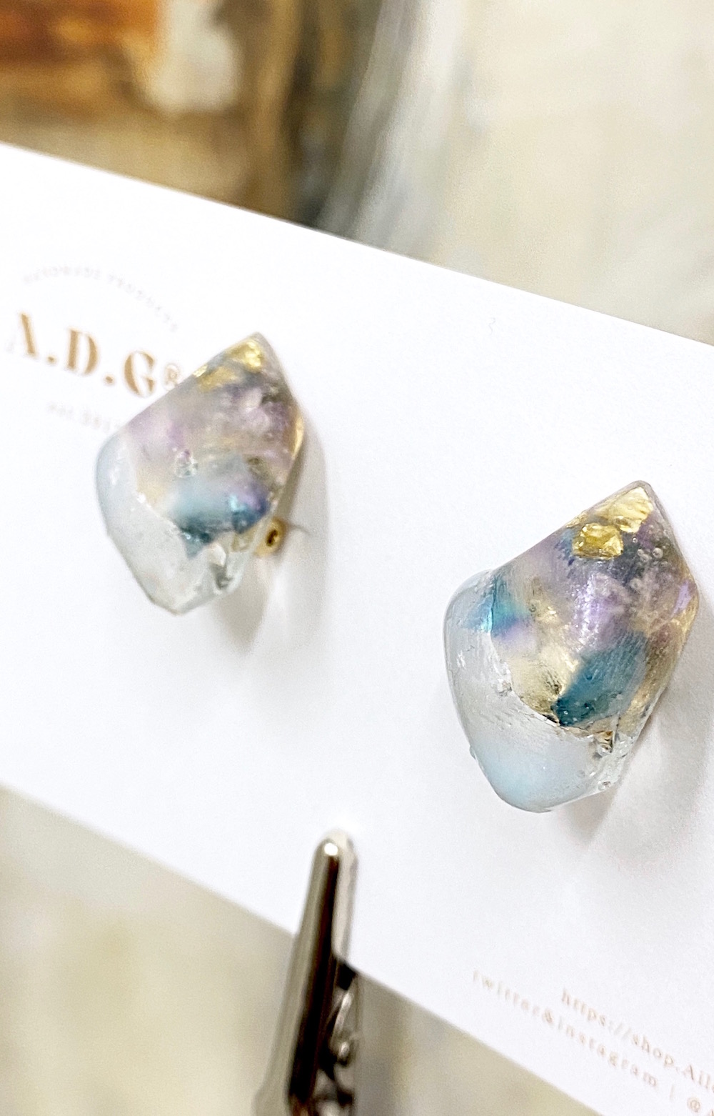 【handmade】dry flower nuance stone stud earring（clear-lavender flower）