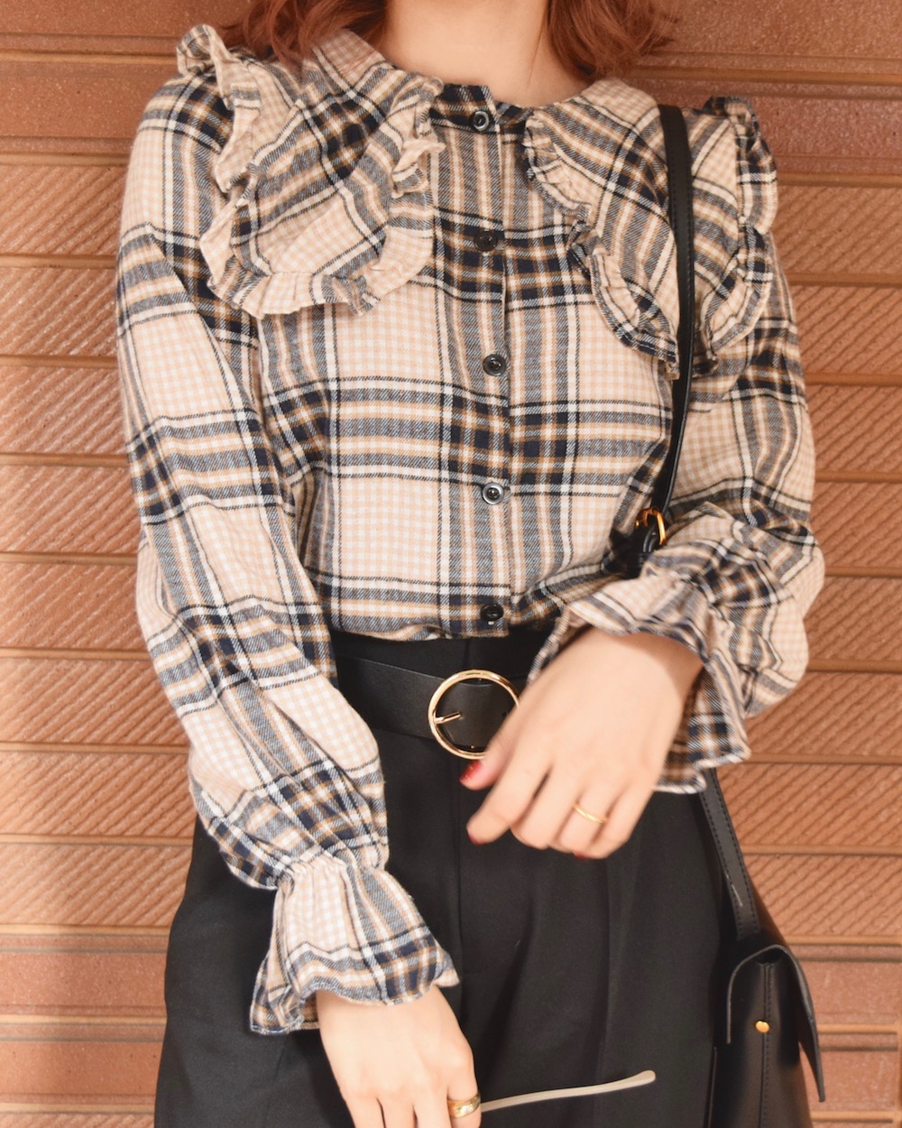 CHECK SAILOR COLLAR FRILL BLOUSE(beige)