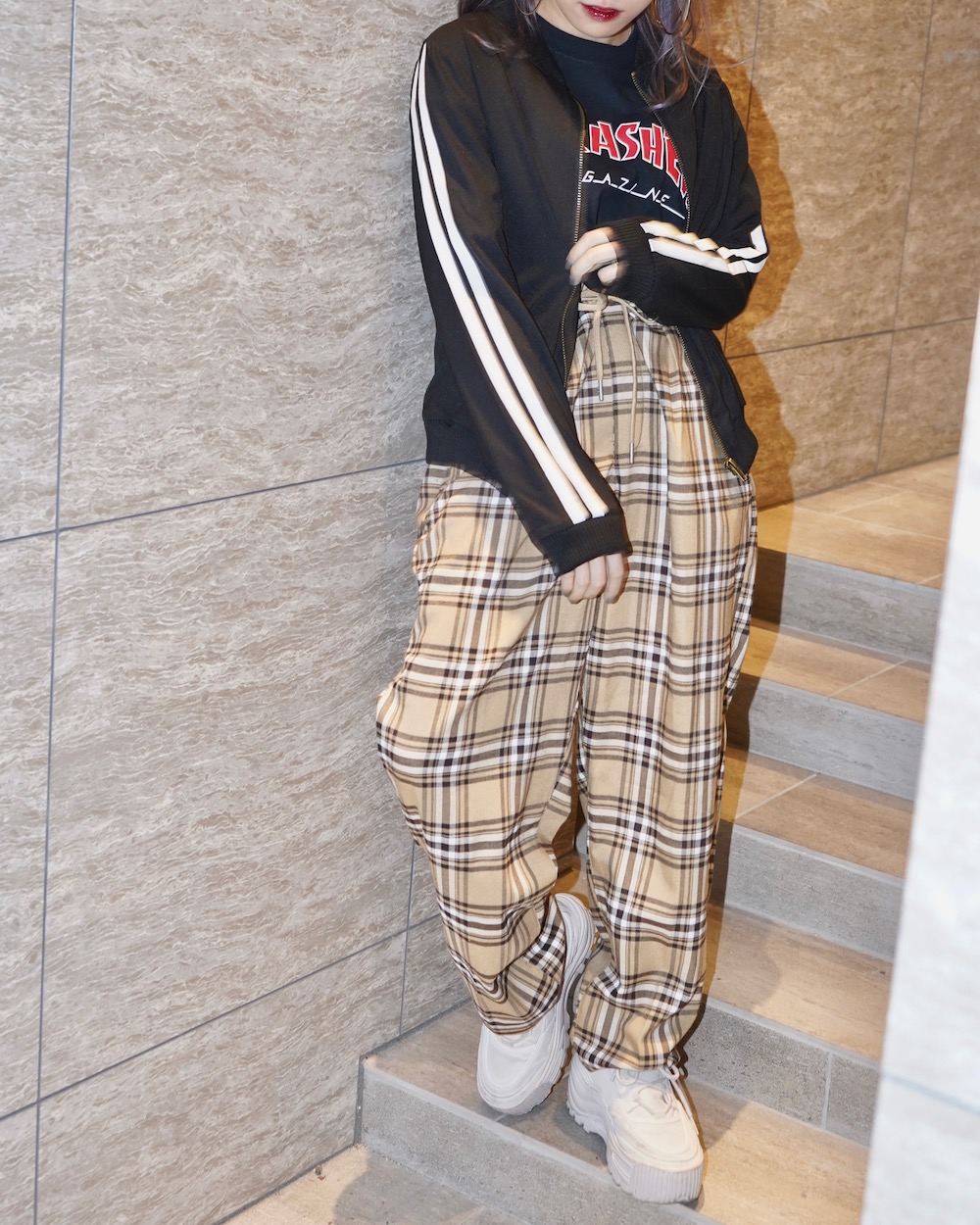 Beige Check Tuck Easy Pants