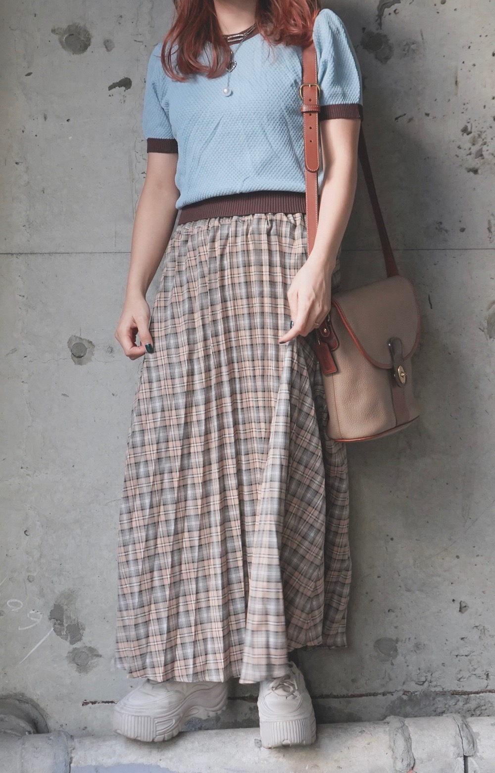 Beige Check Pleats Long Easy Skirt