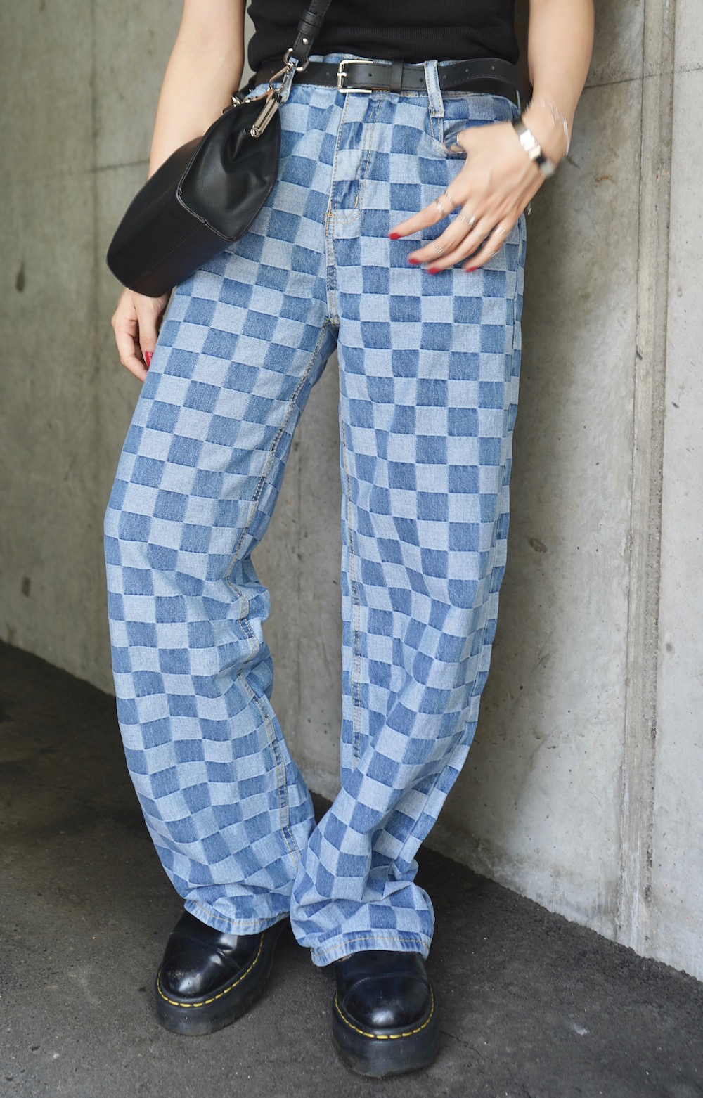 Checkered Denim Wide Pants（blue）