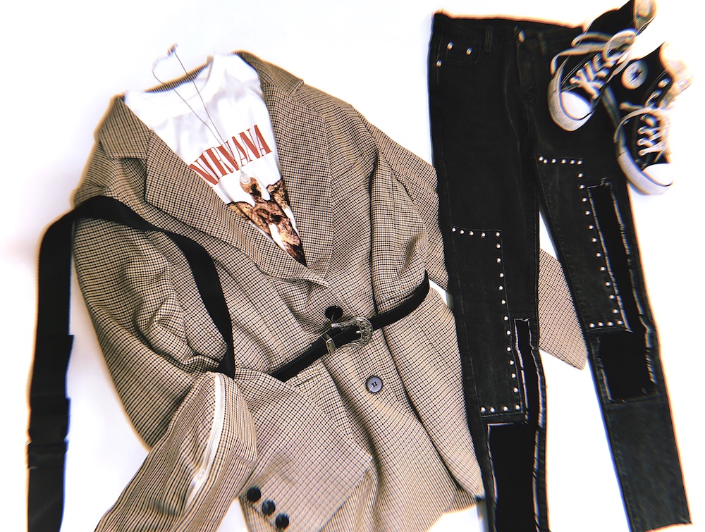 Switching Design Rivet Skinny Denim Pants (black)