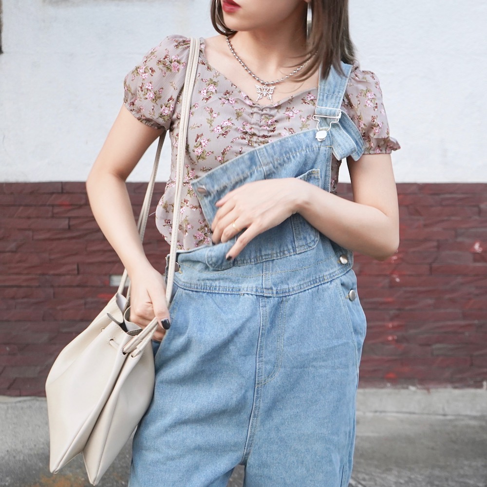 Floral Puffsleeve Strings Tops (mocha)