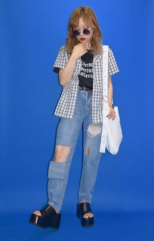 ギンガムチェック オープンカラーシャツ