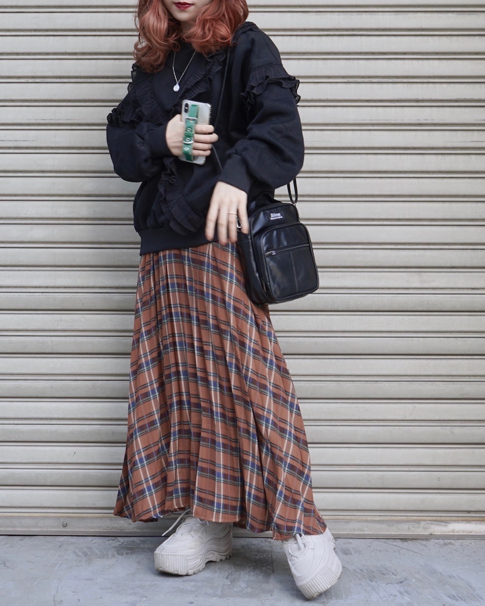A-Line Check Pleats Long Skirt (brown)
