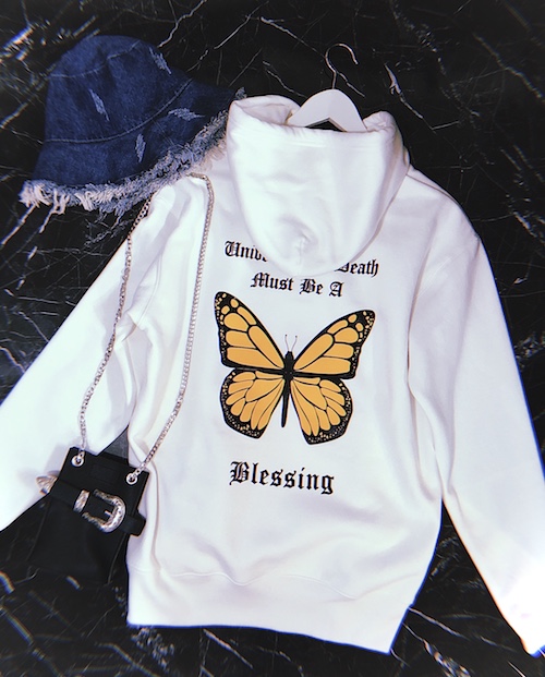 Back Slogan&Butterfly Big Sweat Hoodie (white)