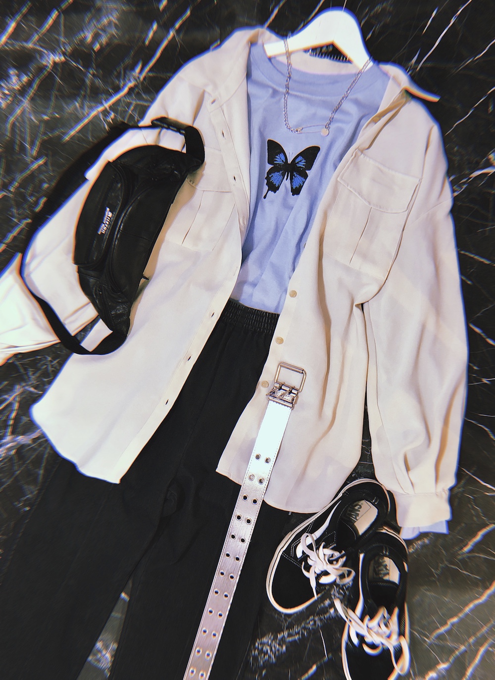 Blue Butterfly Slogan Sleeve Big L/S TEE(light blue)