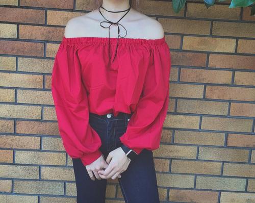 【OUTLET】Balloon Sleeve Off Shoulder Tops(red)