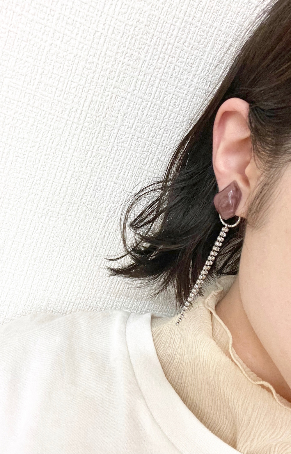【handmade】nuance stone×crystal long chain earring（silver-dustypurple）
