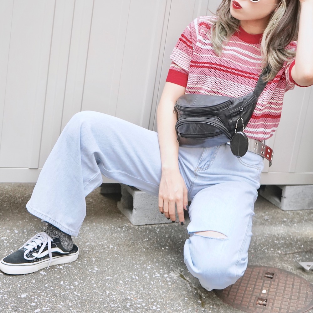 Multi Color Border S/S Knit Tops (red pink)