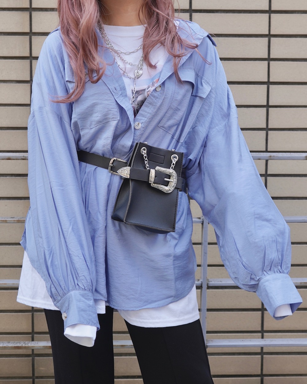 Balloonsleeve Oversized Back Slit Shirts (light blue)