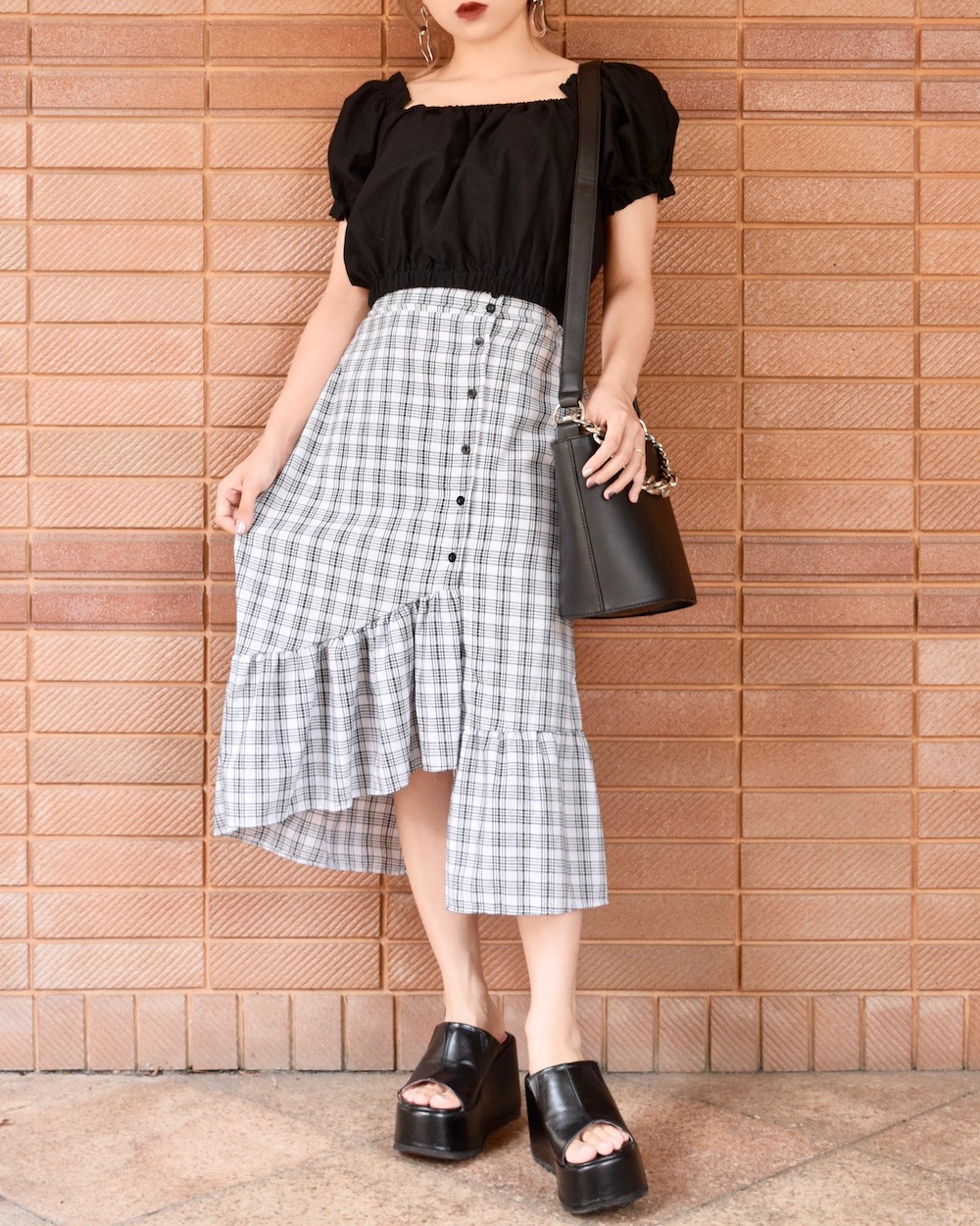 HEM-FRILL CHECK SKIRT（white）