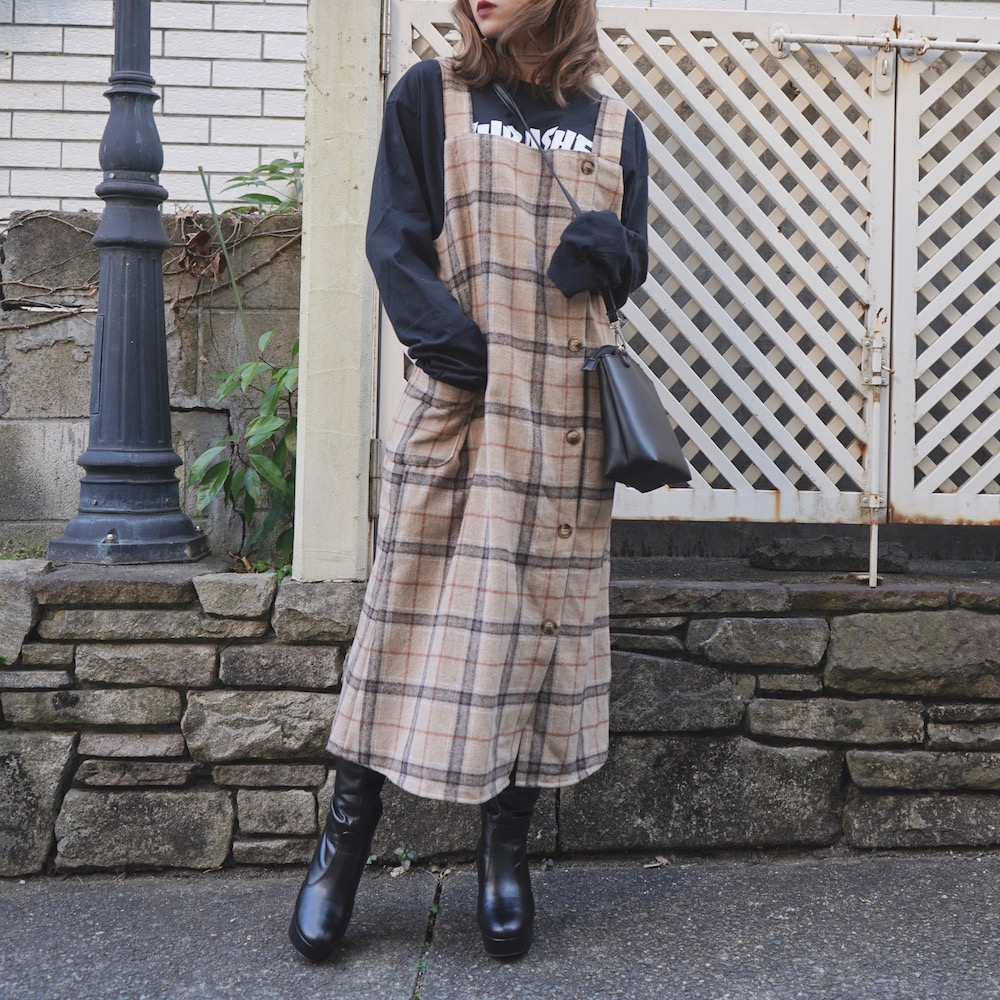 Beige Check Wool Touch Cami-Onepiece