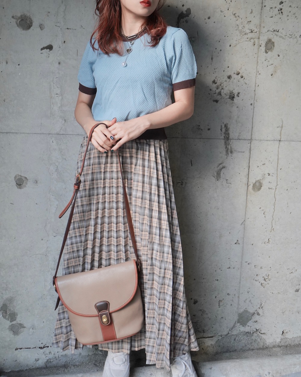 Bi-Color Crochet Knit S/S Tops (blue-brown)