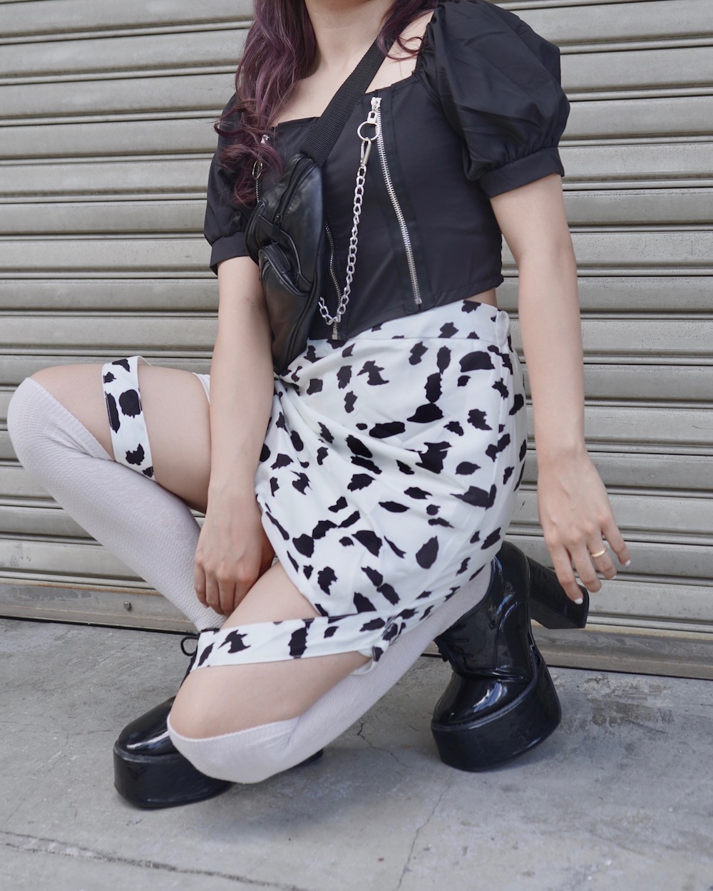 Silver Chain Zip Design Puffsleeve Tops（black）