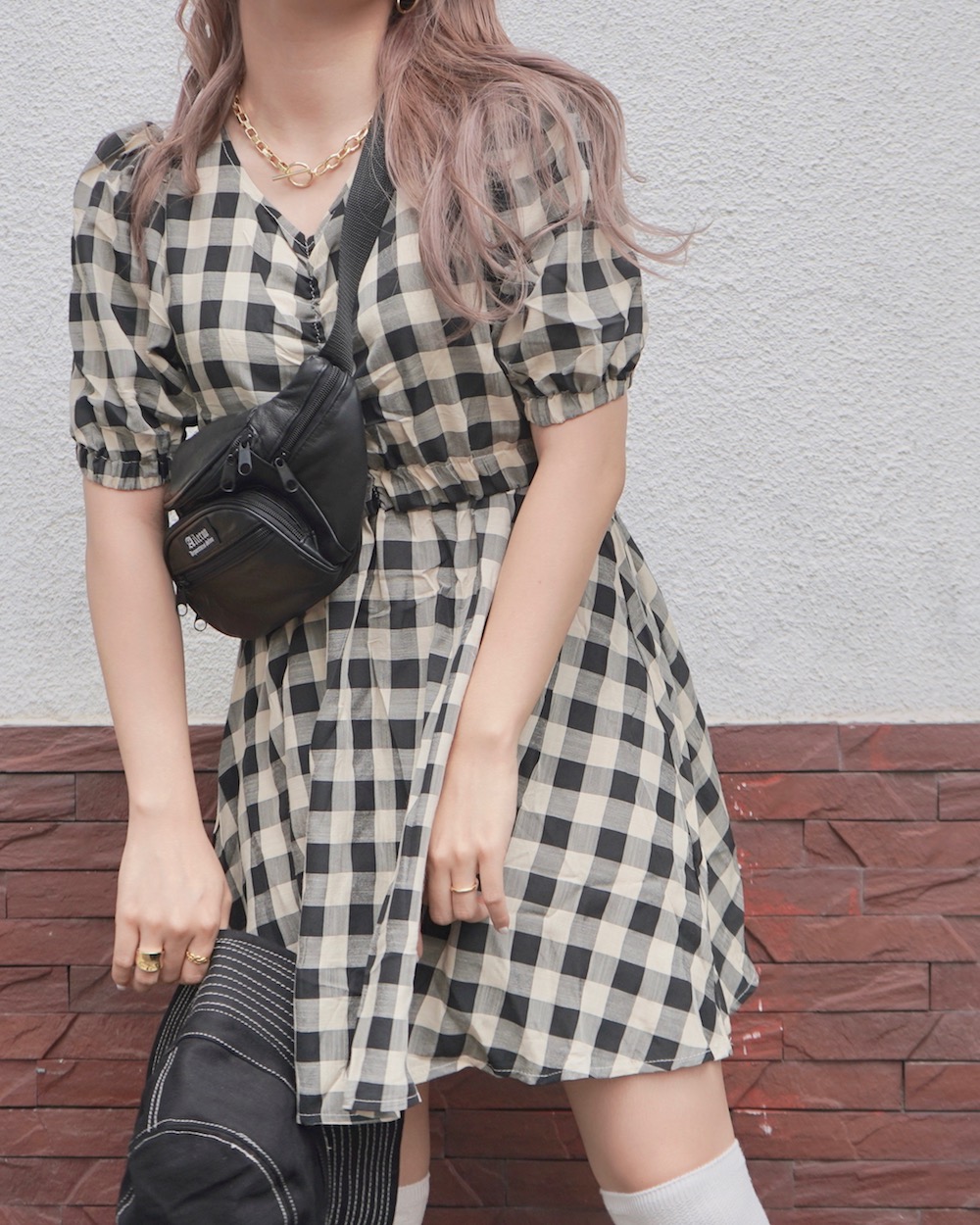 Puffsleeve Check Flare Mini Onepiece（beige）