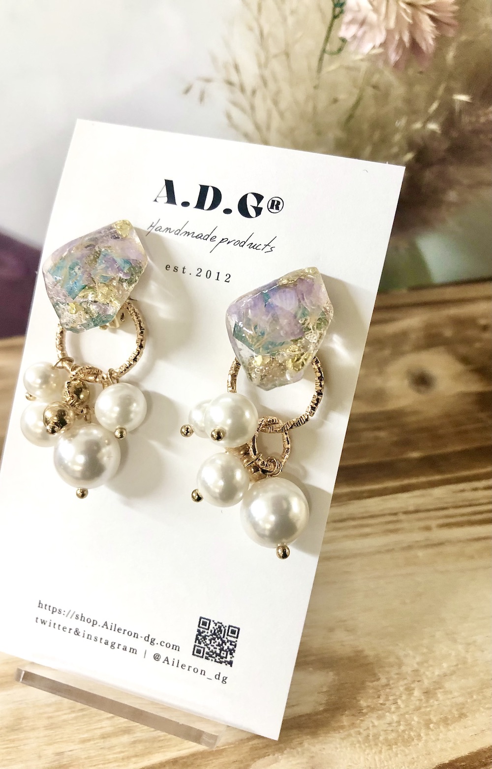 【handmade】dry flower nuance stone×random pearl earring（clear-lavender）