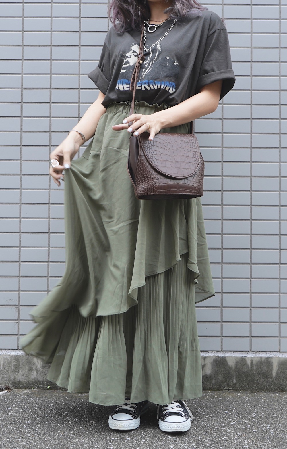 Irregular Hem Flare Long Skirt（green tea）