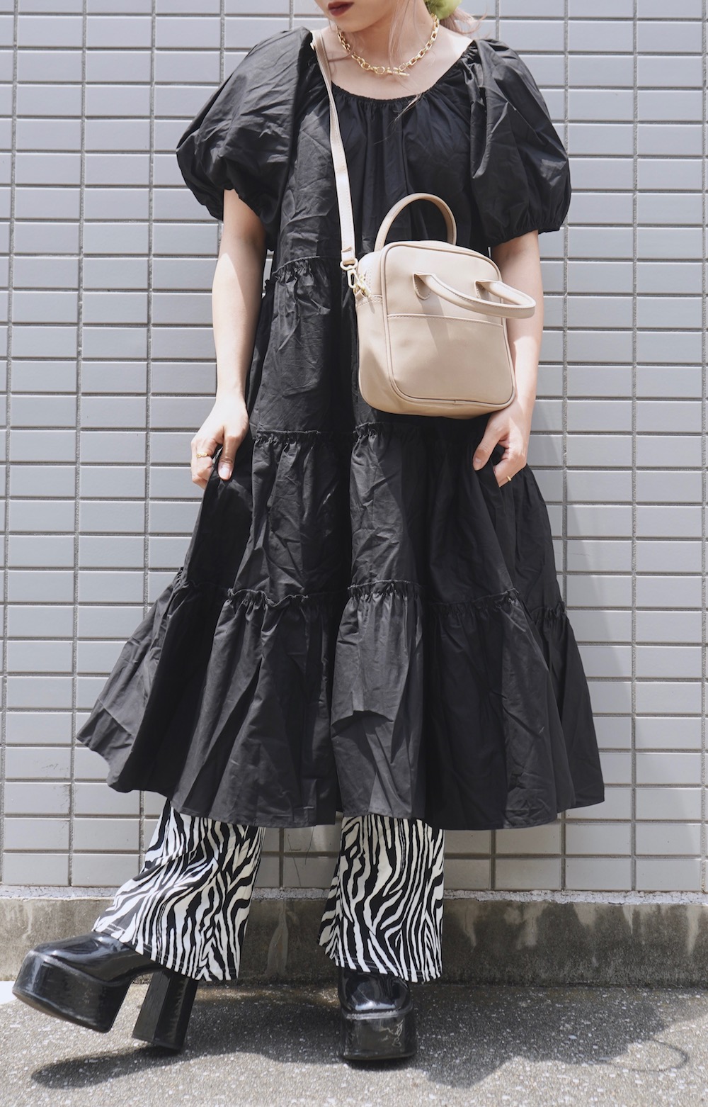 Puffsleeve Tiered Long Flare Onepiece (black)